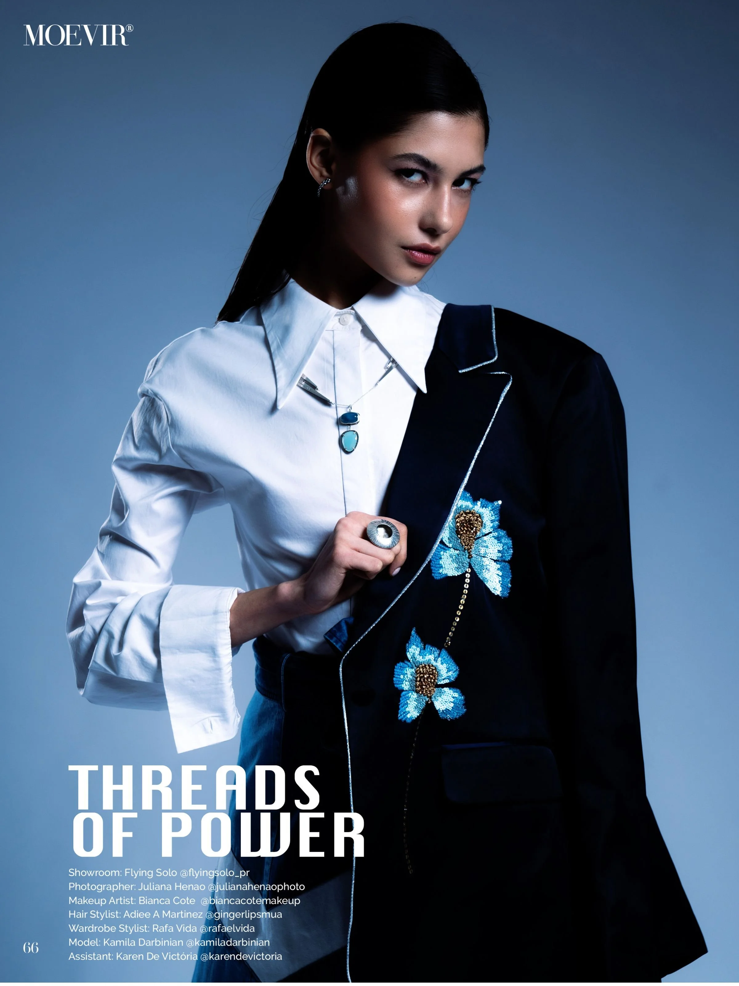 Moevir magazine model wears EatMetal Chevron Necklace made with London Blue Topaz and Milky Aquamarine and diamonds