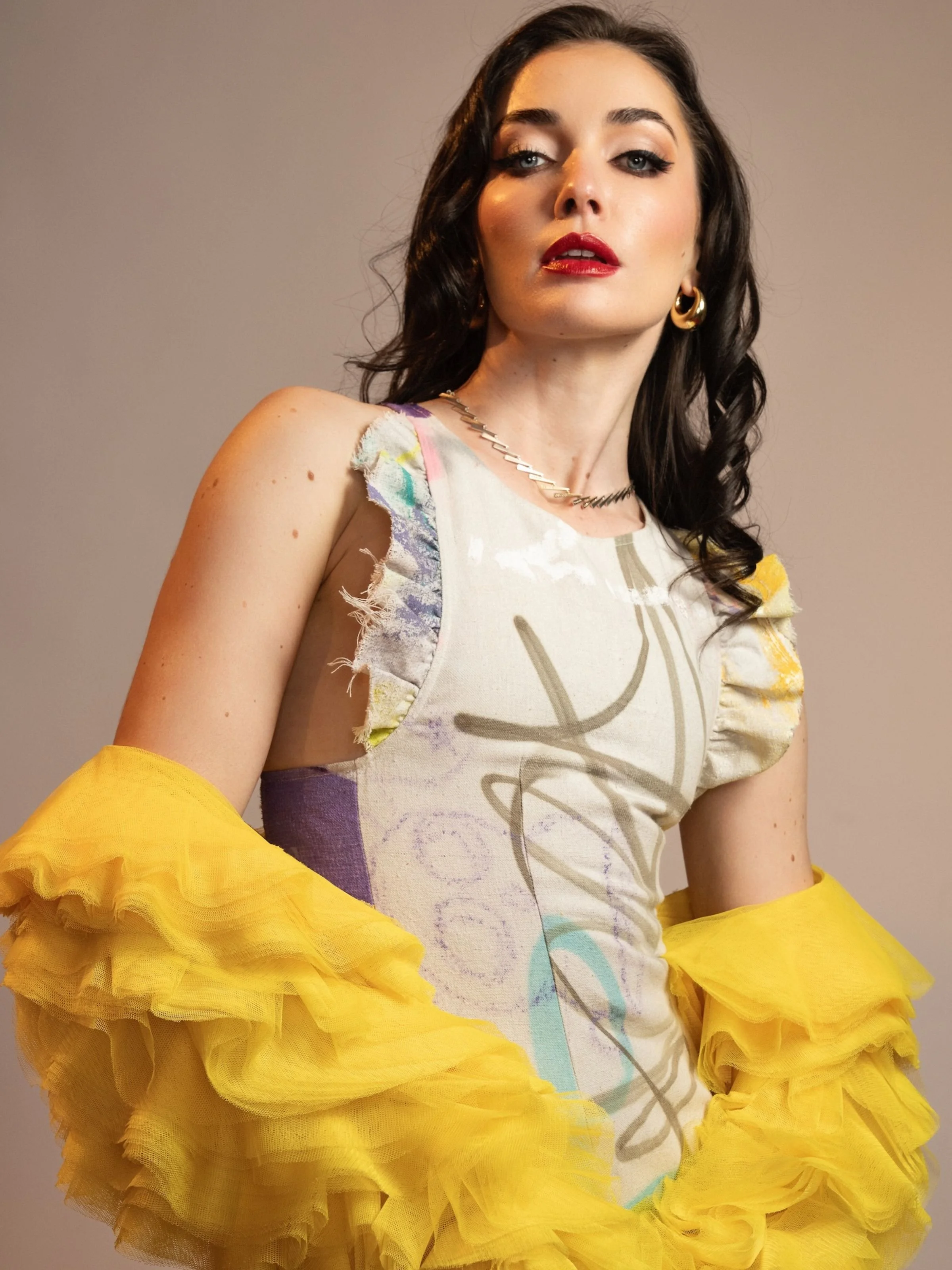 Genzo model wears EatMetal Fine Art Jewelry Walking Fern Necklace 18k Gold, Sterling Silver and Champagne Diamonds