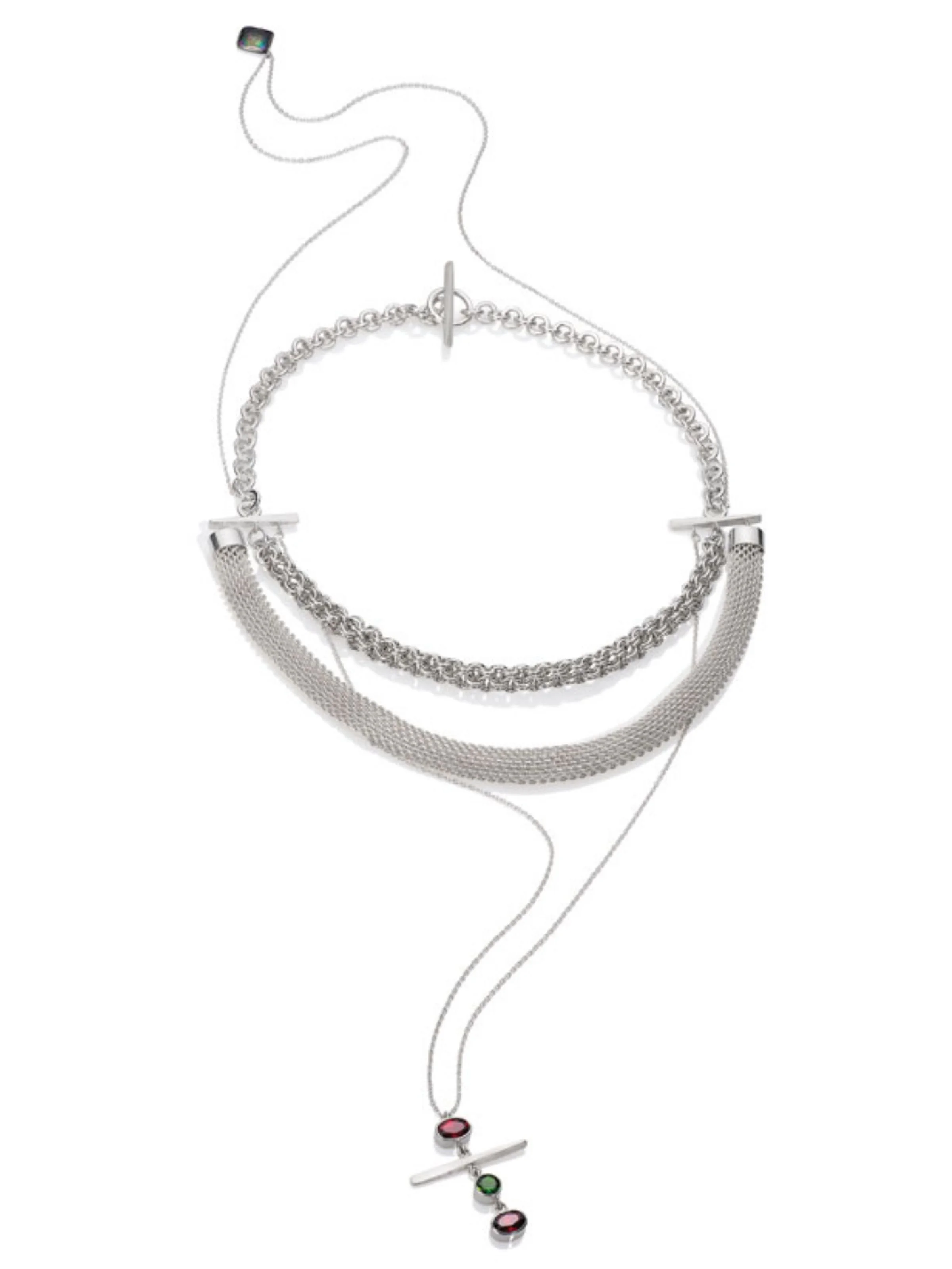 Fun and Free Muti Strand Back Front Necklace Sterling Silver, Titanium, Chrome Diopside and Garnet