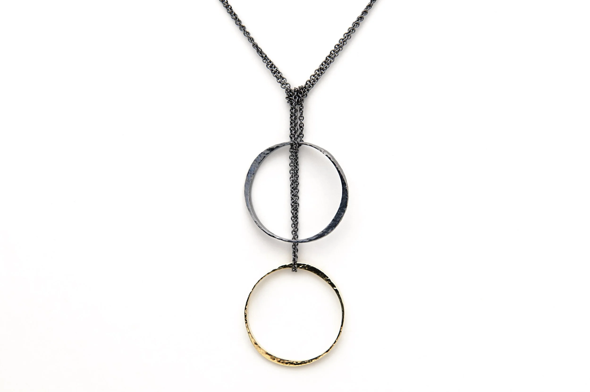 Patinated Sterling Silver and Gold Cross Over Circle Necklace