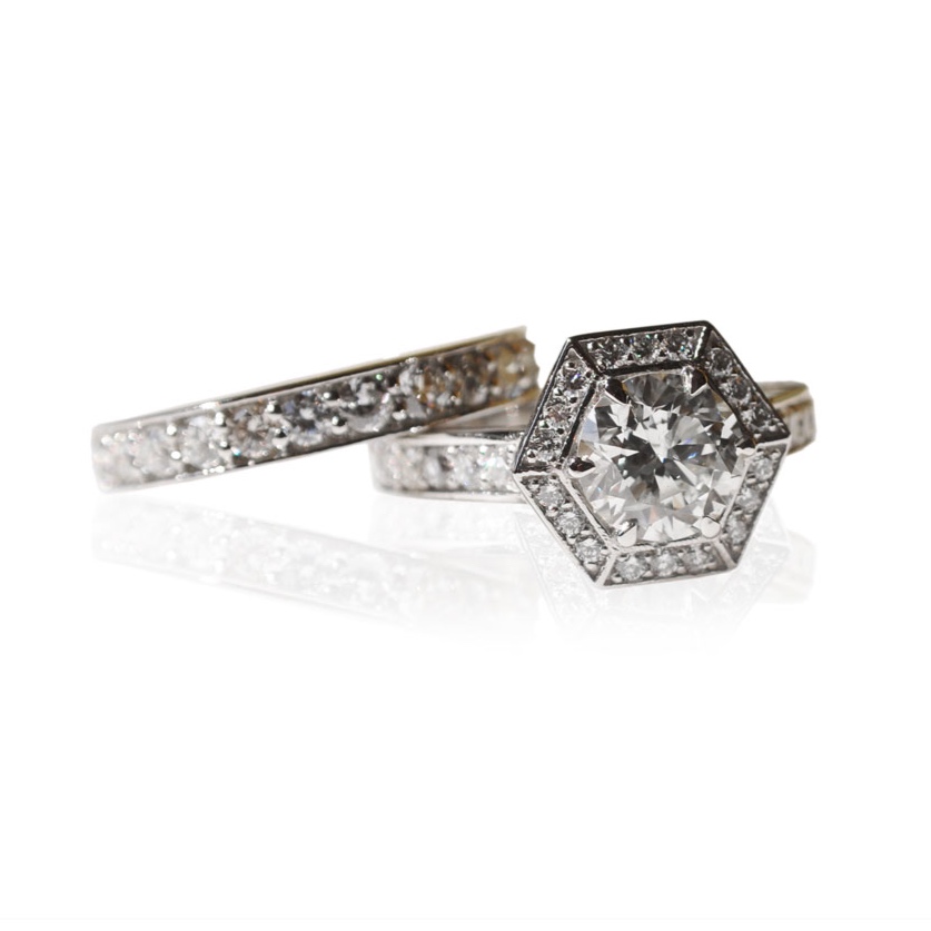 Art Deco Repurposed Wedding Band with Pave Halo