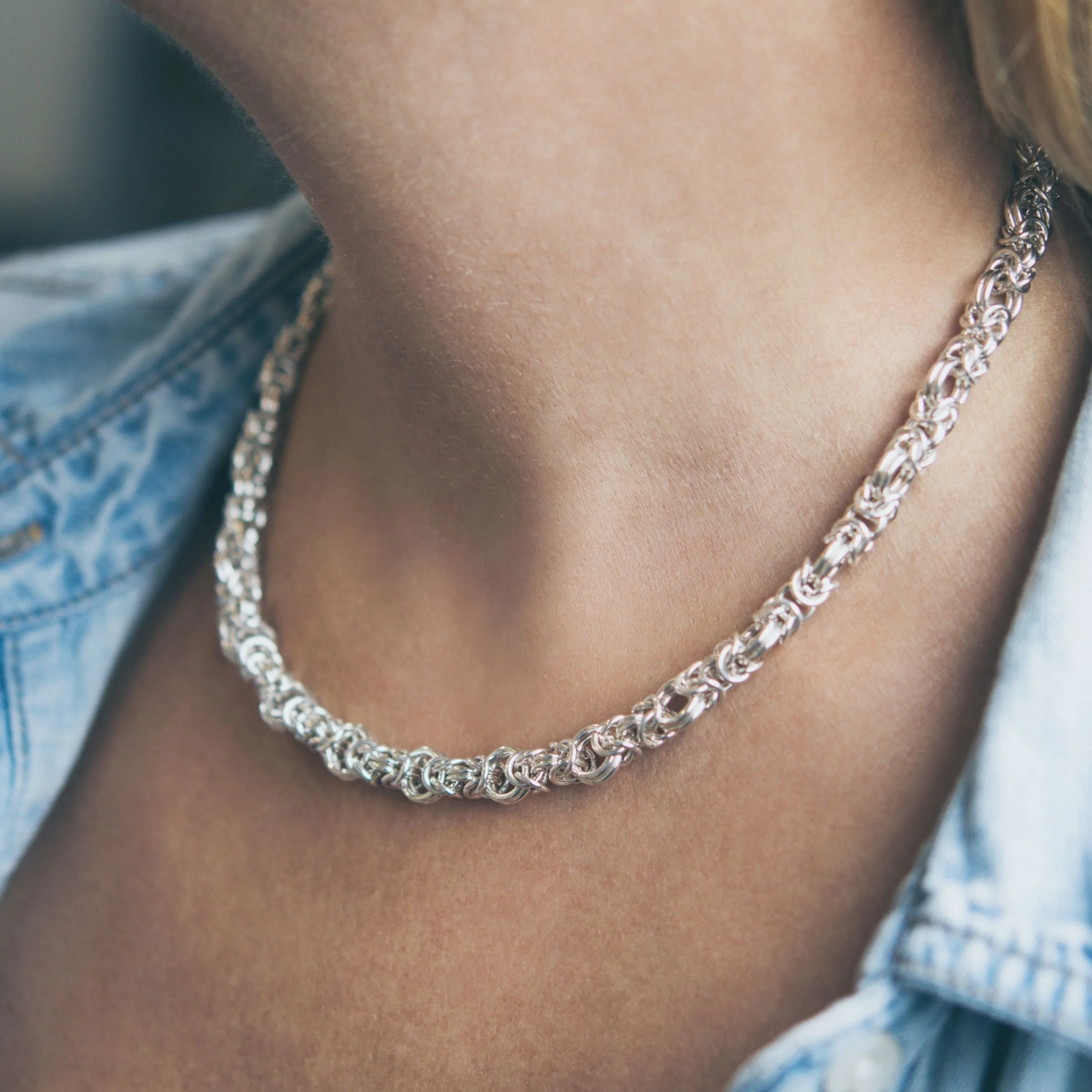 dress in sterling silver maille necklace Sequential Byzantine on a model