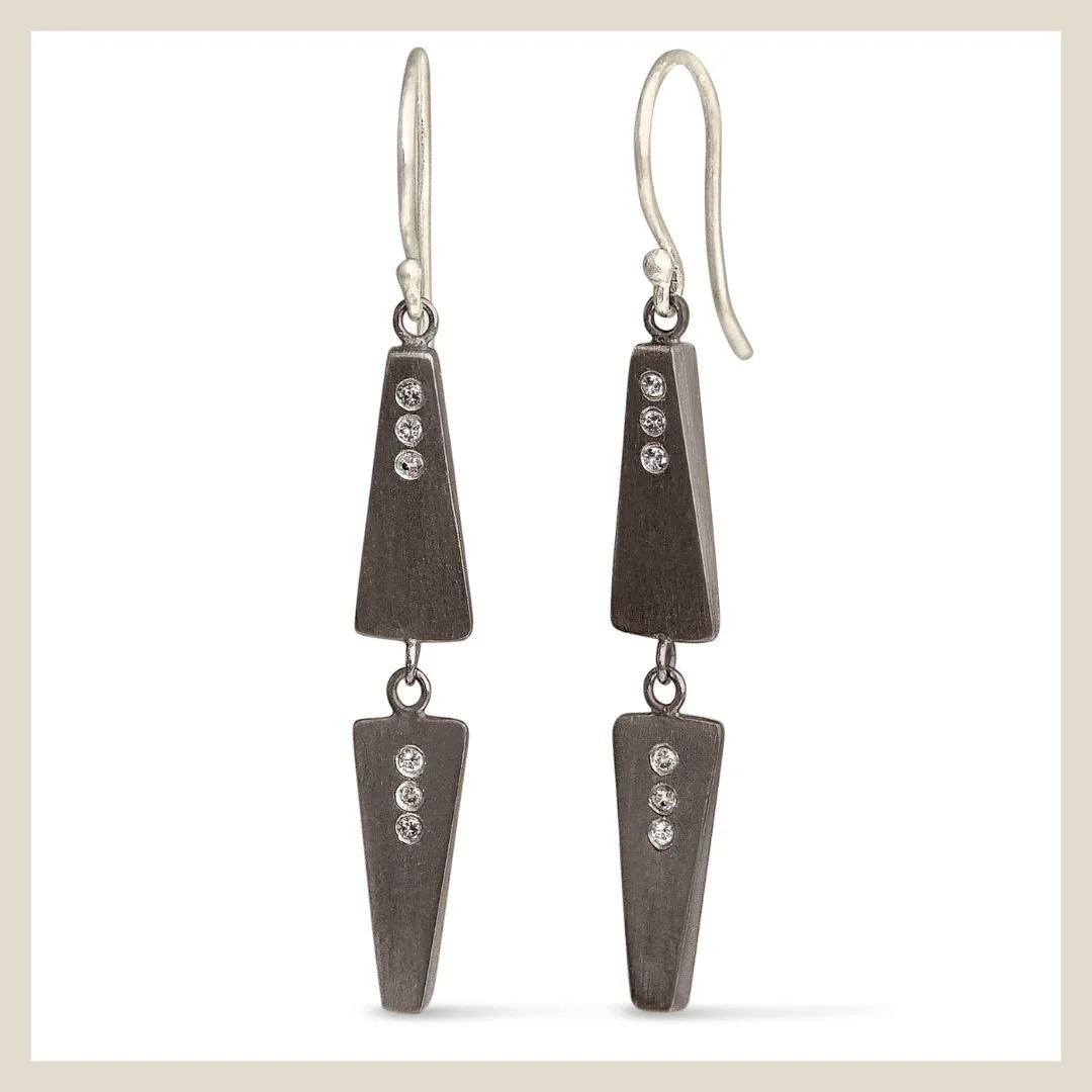 diamond gypsy set dangle earrings in black gunmetal patina oxidized sterling silver two link triangle geometric jewelry by eatmetal