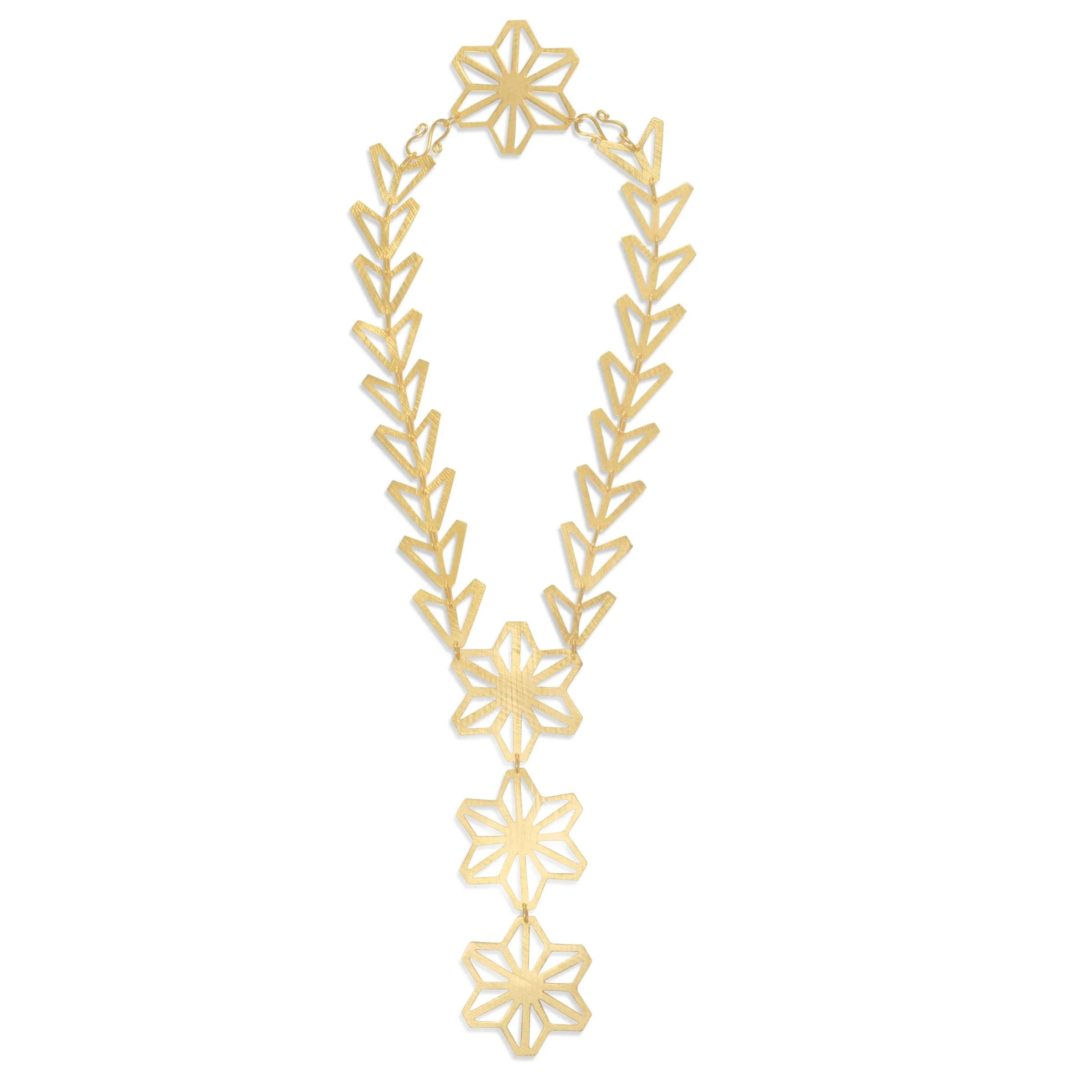 EatMetal 22k gold overlay brass Asanoha triple star drop necklace showcasing handcrafted geometric star pendants with a satin-brushed cross-hatched texture.