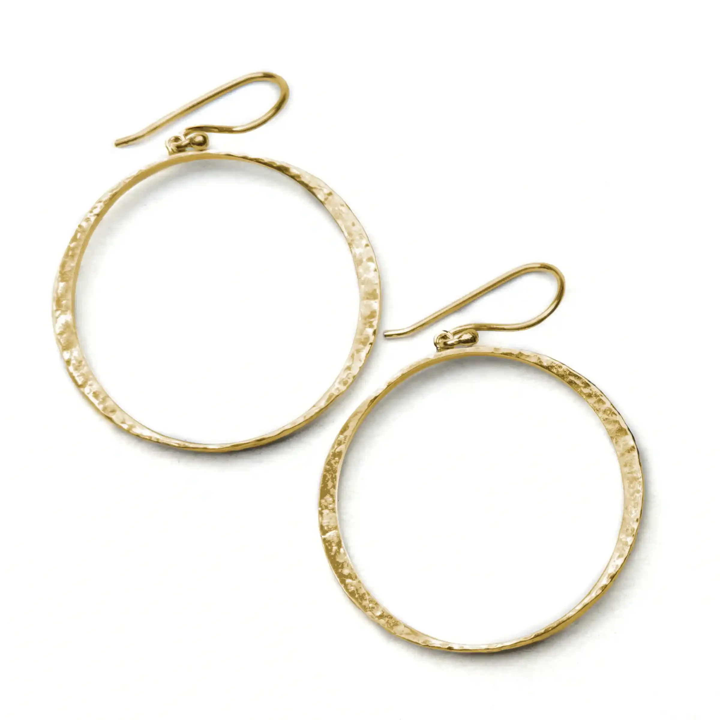 Handcrafted 18k gold solitaire circle dangle earrings with subtle hammer-textured finish on French ear wires