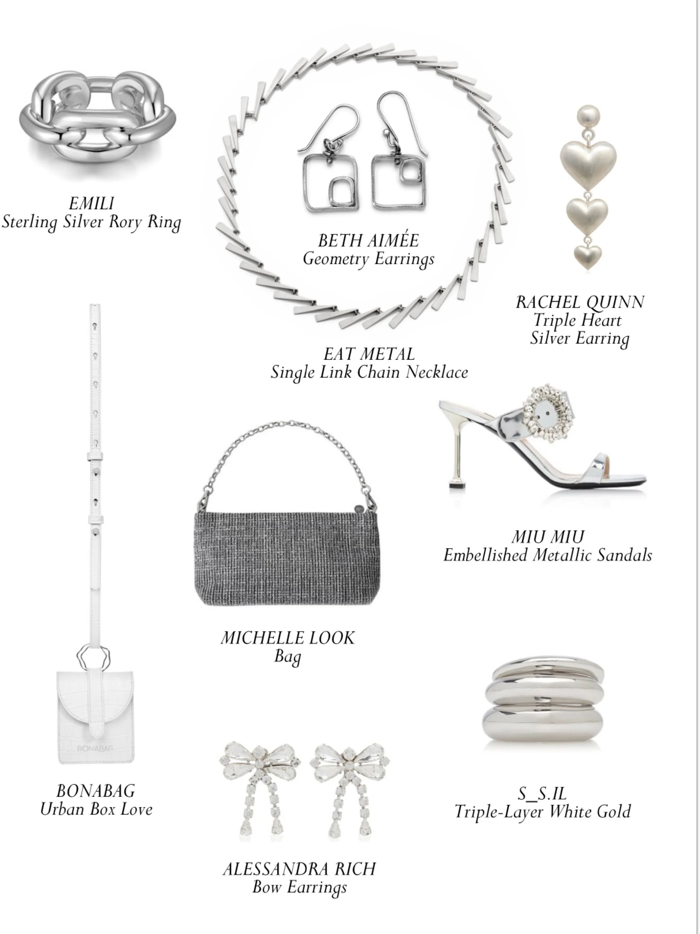 Various silver and accessories and jewelry shown together for style fashion runway beauty. Eatmetal Single Link collar featured in Weekly Style Magazine
