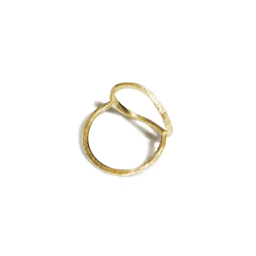 Side profile view of gold mini circle ring showing thin to thick forged band detail