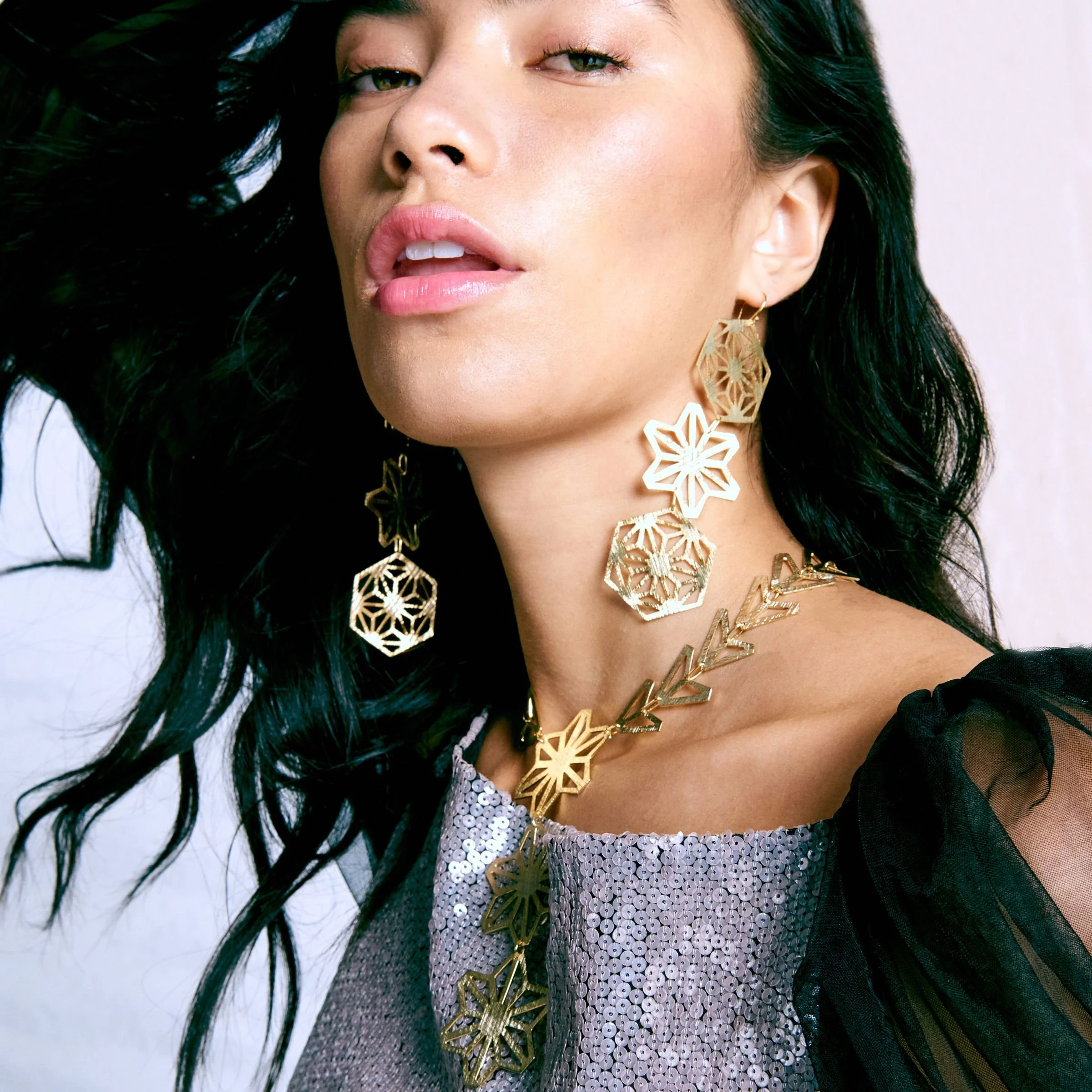 Asanoha Triple Geometric Drop Earrings