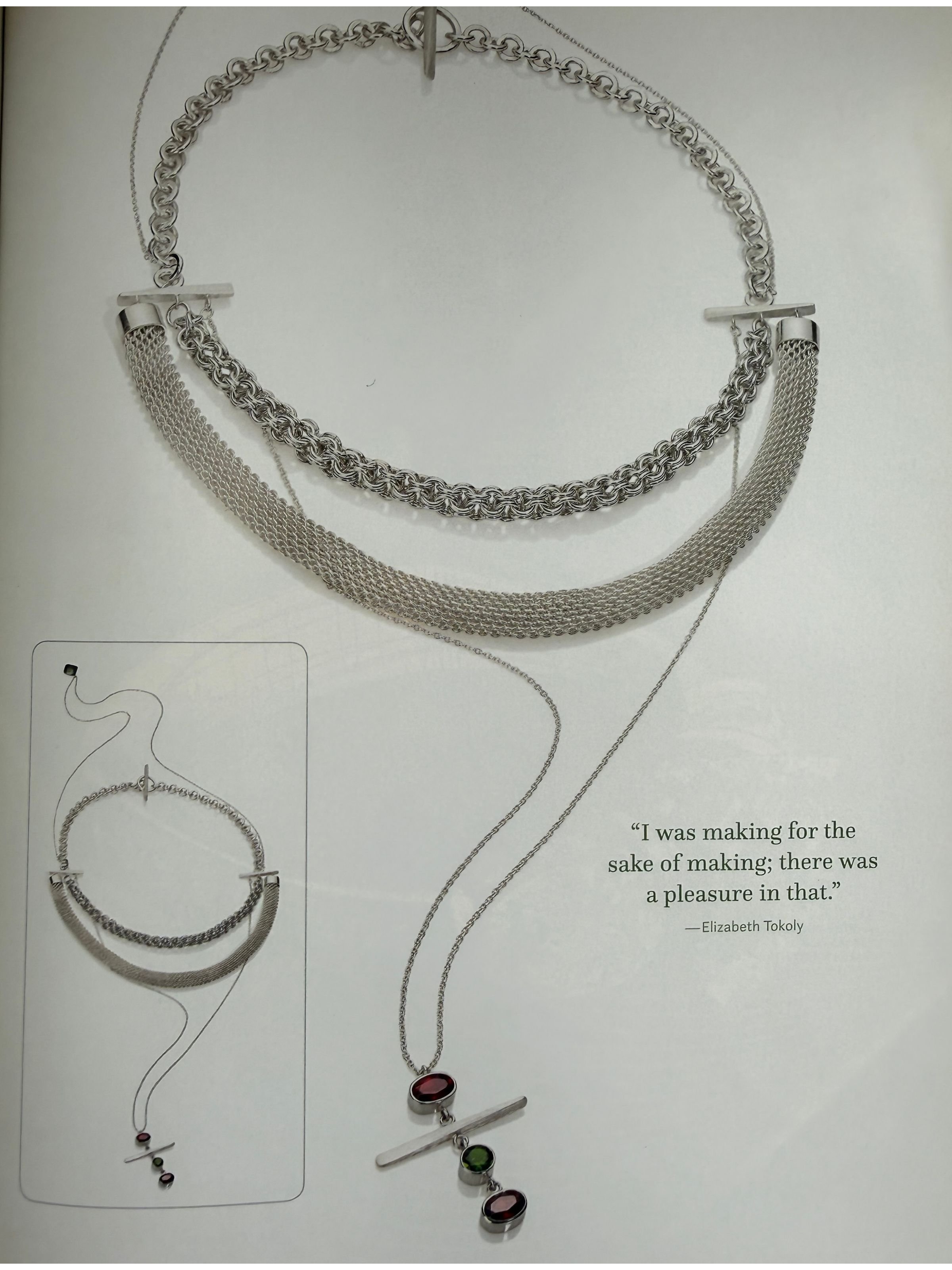 MJSA Fun and Free Muti Strand Back Front Necklace Sterling Silver, Titanium, Chrome Diopside and Garnet vintage style