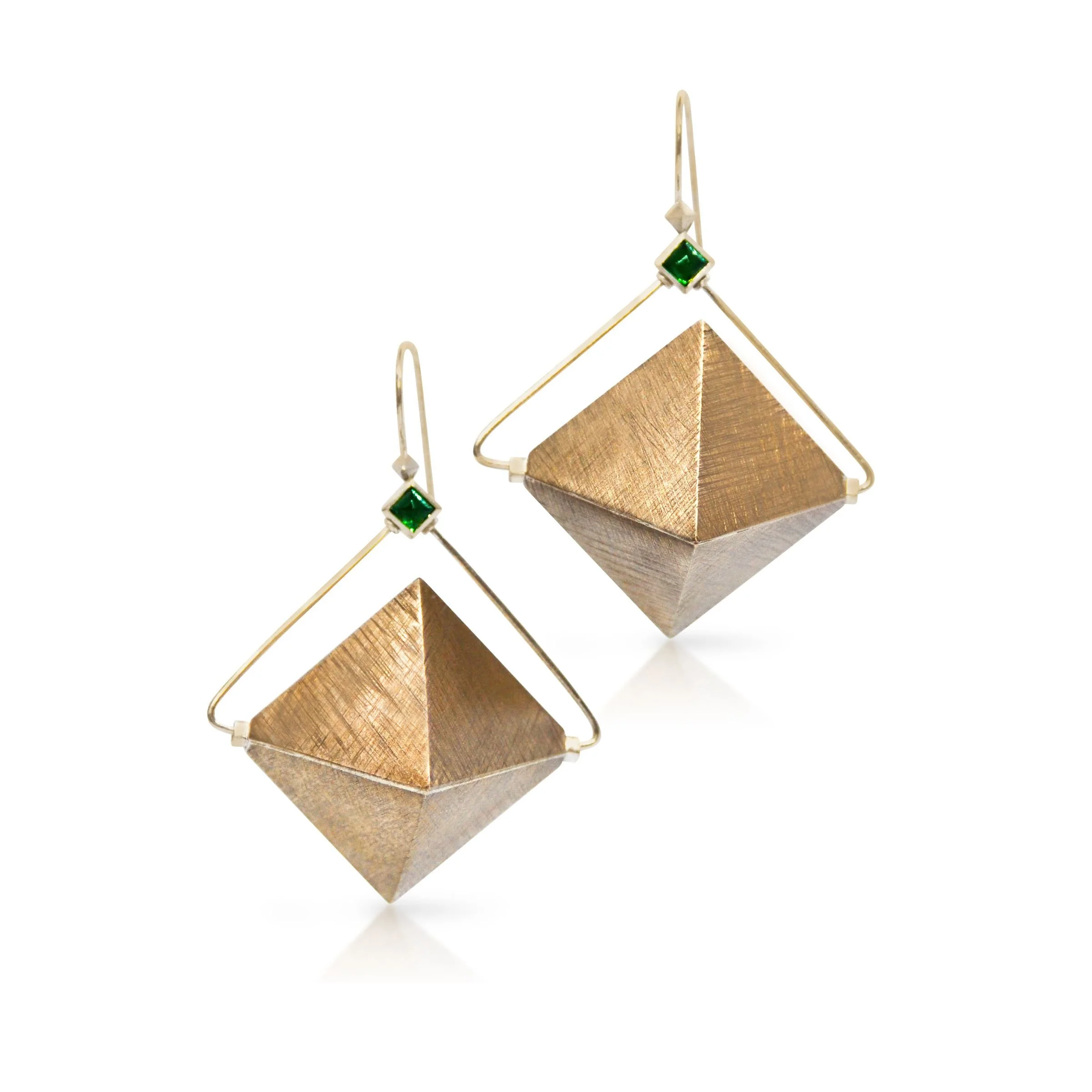 Geometric Octahedron Earrings with Green Tourmaline Pyramids Sterling Silver and Bronze
