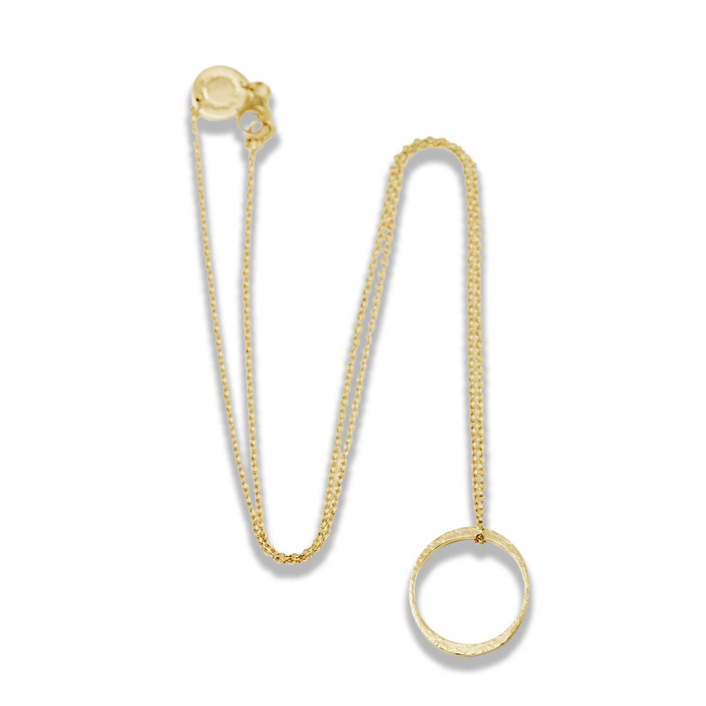 Handcrafted 18k gold mini solitaire circle pendant with hammer-textured finish on delicate gold cable chain