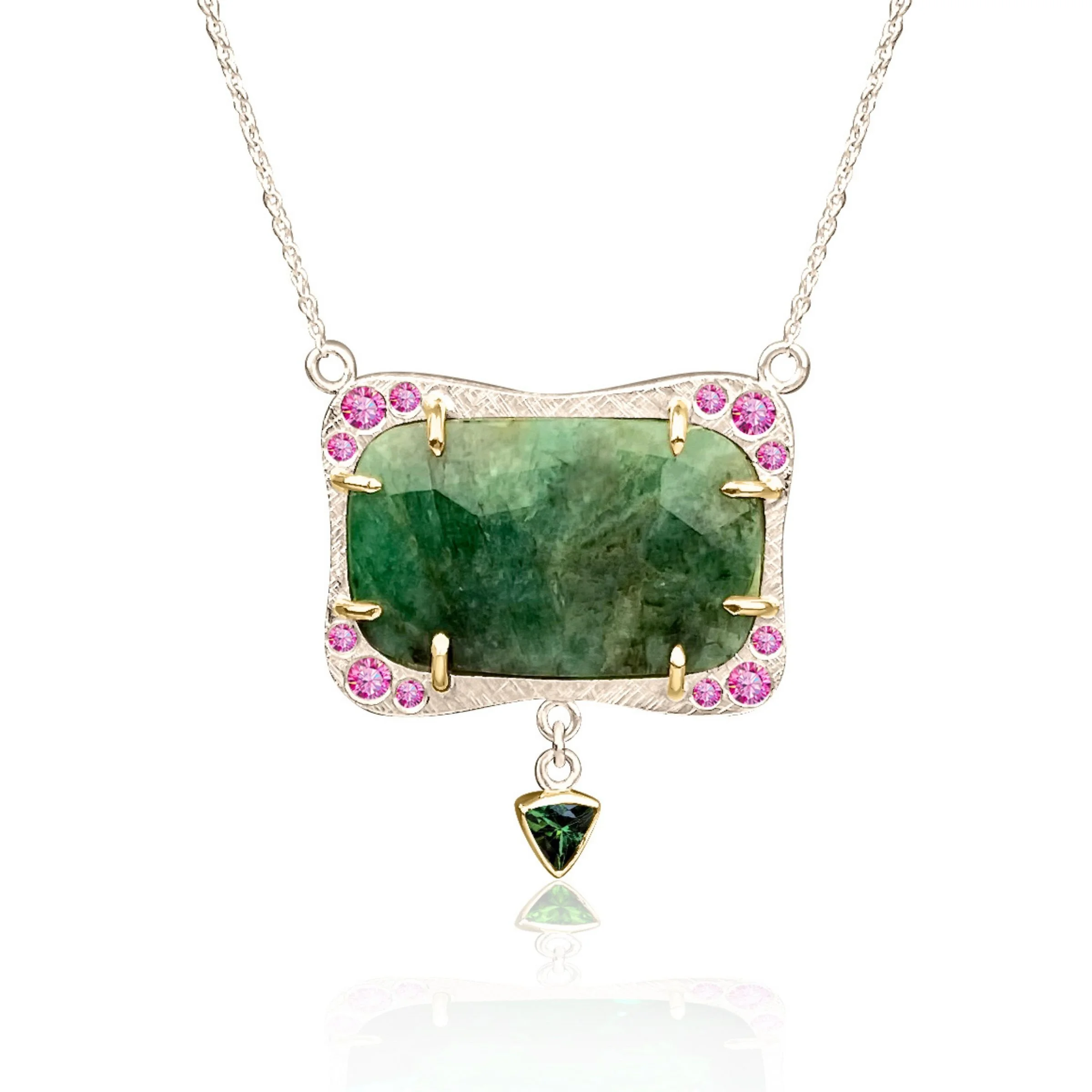 Emerald and Pink Sapphire Deco Frame Necklace