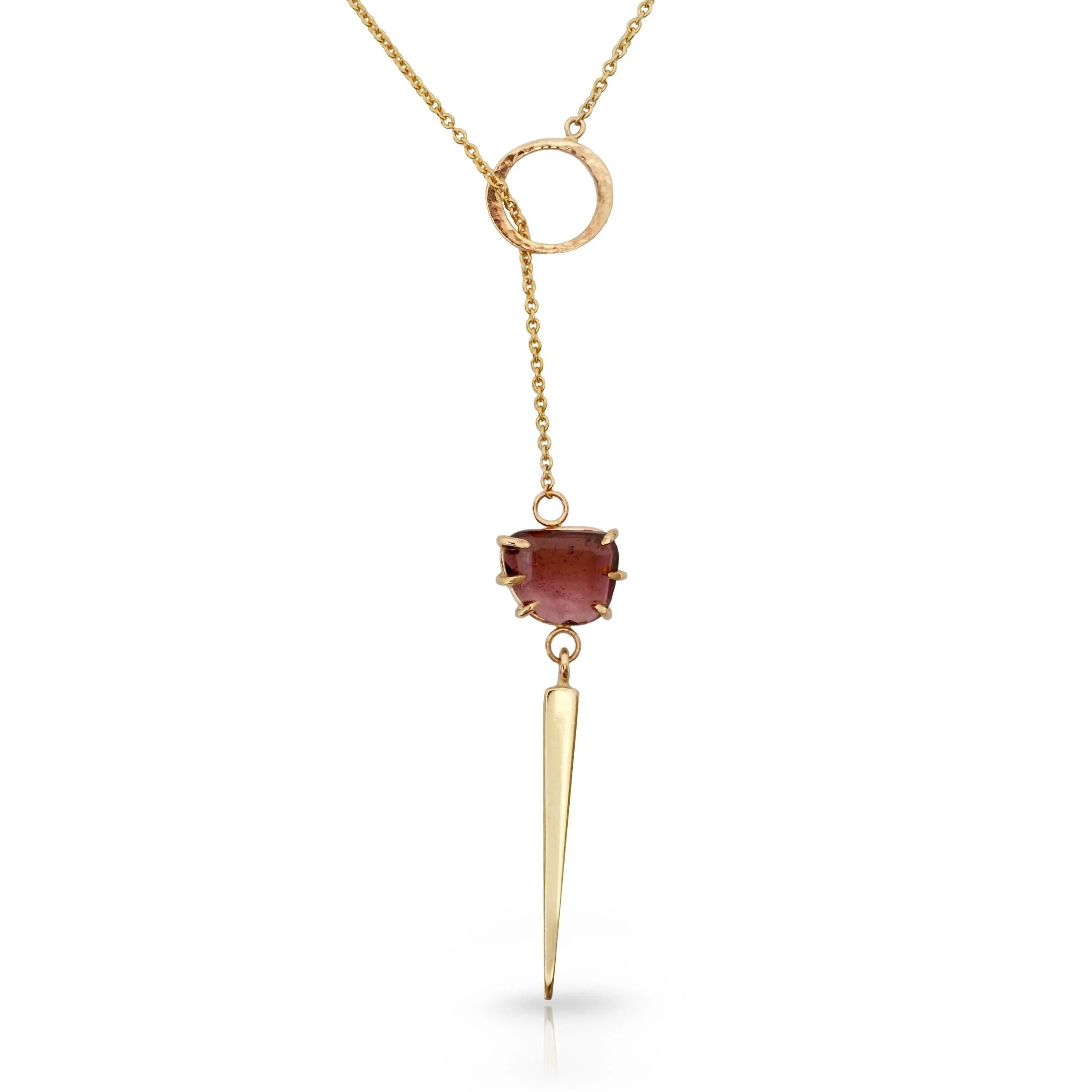 Heirloom Redesign 18k gold lariat style necklace featuring a textured hand hammered circular ring drop chain leading to a claw-set, asymmetrical pink tourmaline slice gemstone and a hanging 18k gold spike pendant