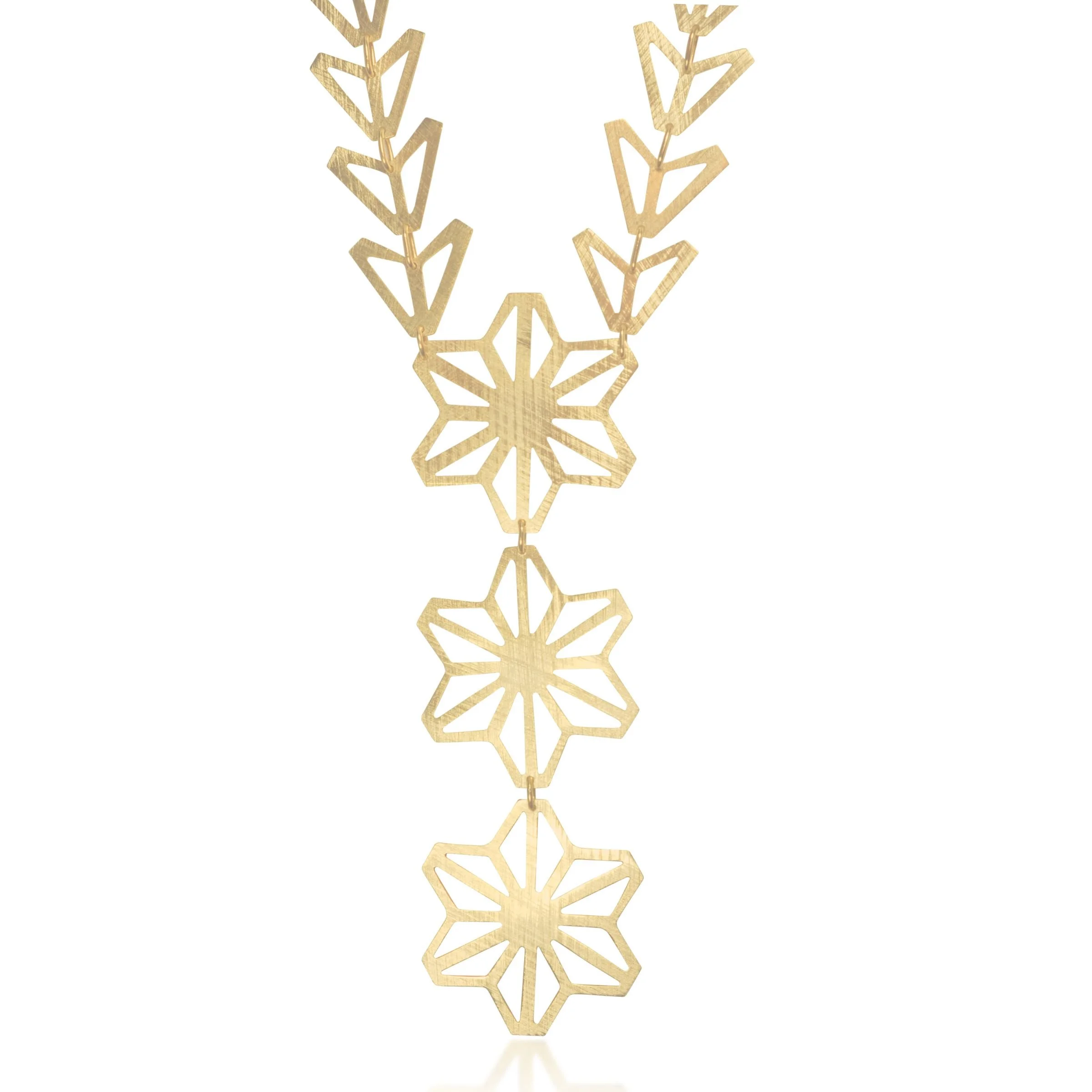 Full view of the handcrafted 22k gold overlay brass Asanoha triple star drop necklace laid flat.