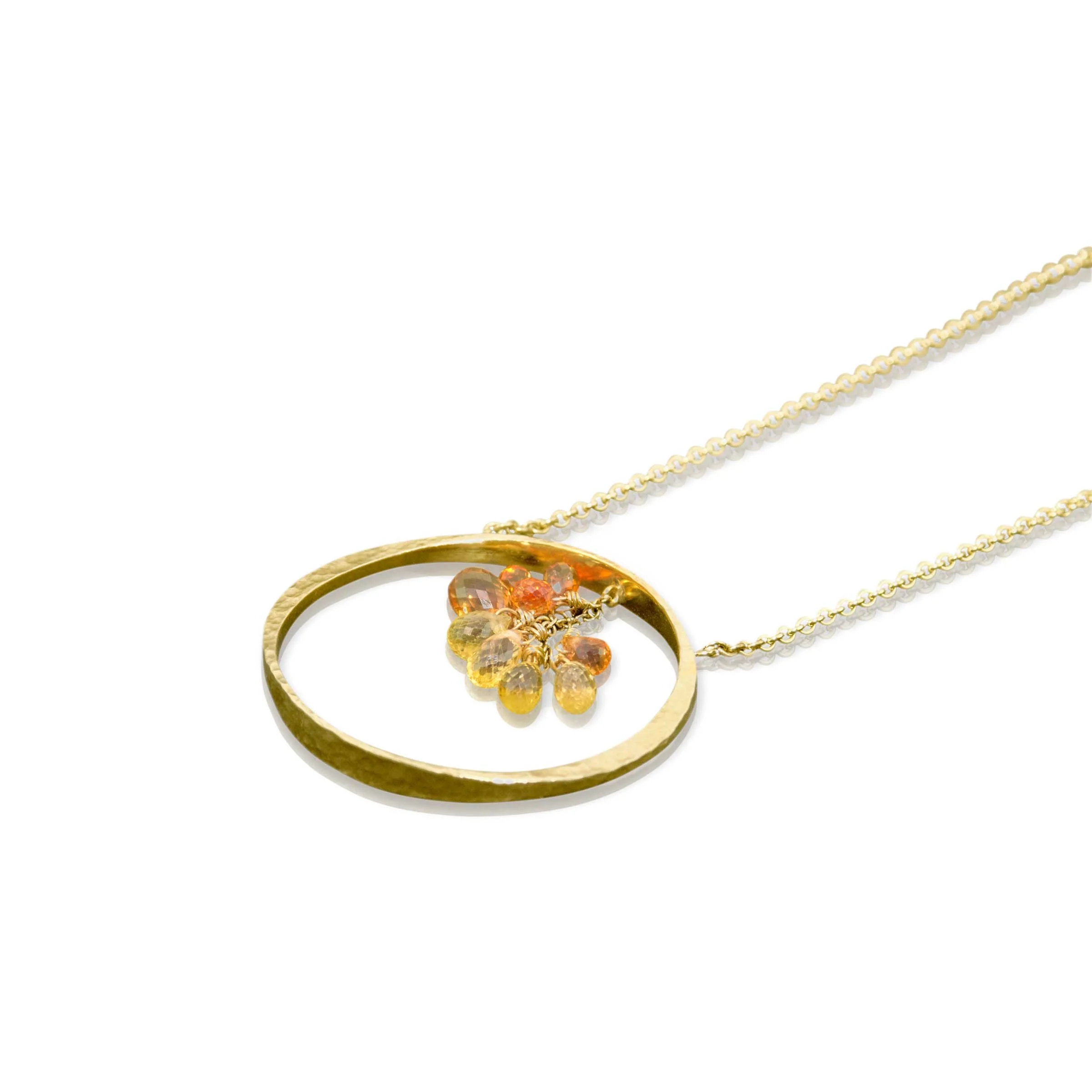 Side angle of hammer-textured 18k gold swing pendant showing multi-color sapphire gemstone chain