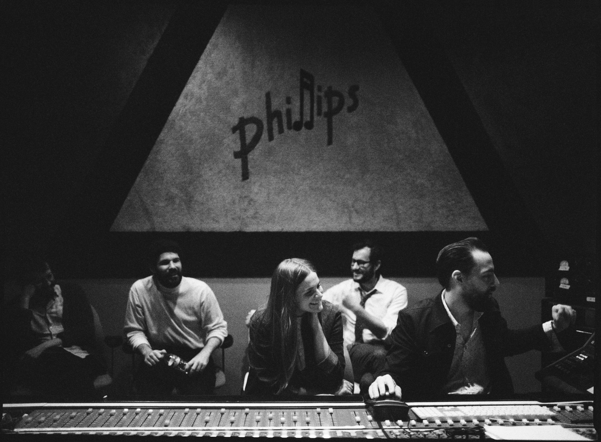 Erin Rae, Matt Ross-Spang and band listening back to their recording at Sam Phillips Recording in Memphis, TN