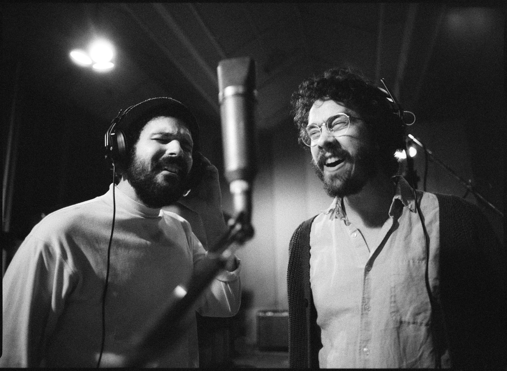 Jerry Bernhardt and Dom Billett tracking backup vocals at Sam Phillips recording in Memphis, TN