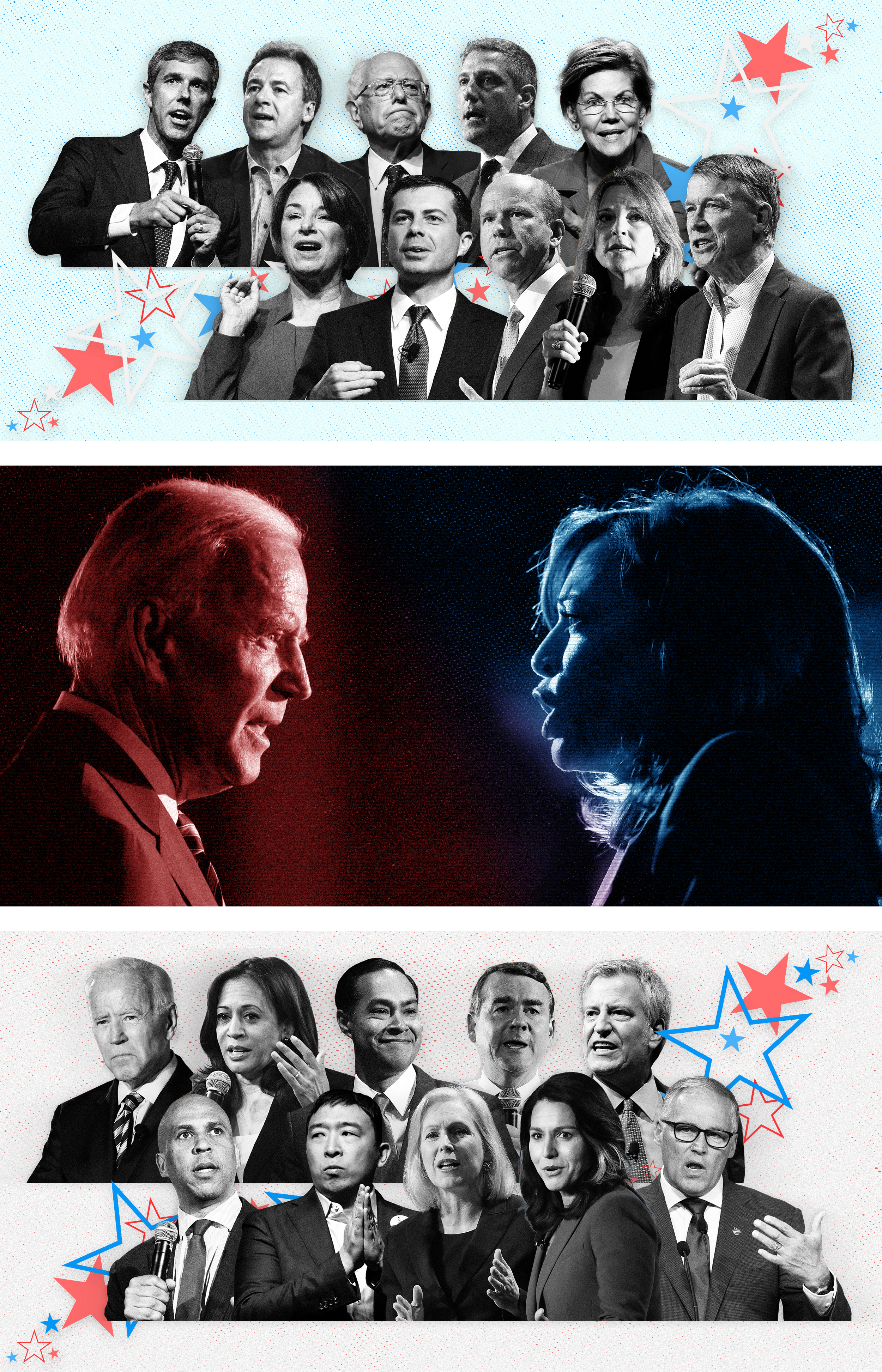   Series of illustrations for the second Democratic presidential primary debate for NBC News:    Live Blog / July Democratic Debate, Night 1    In chaotic political moment, Detroit debate gives Biden an opening    Live Blog / July Democratic Debate, 