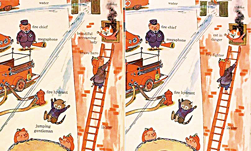 For example, the "beautiful screaming lady" (upper left of center) has been changed to "cat in danger" (upper right).