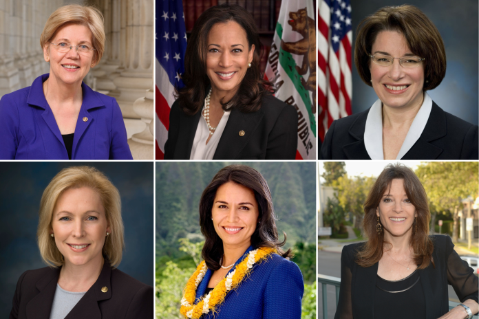 From top left to bottom right: Elizabeth Warren, Kamala Harris, Amy Klobuchar, Kirsten Gillibrand, Tulsi Gabbard, and Marianne Williamson