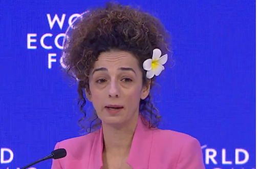 Photo of Masih Alinejad, a woman with tan skin, curly brown hair, and dark eyes. She is wearing a pink jacket and a white flower in her hair