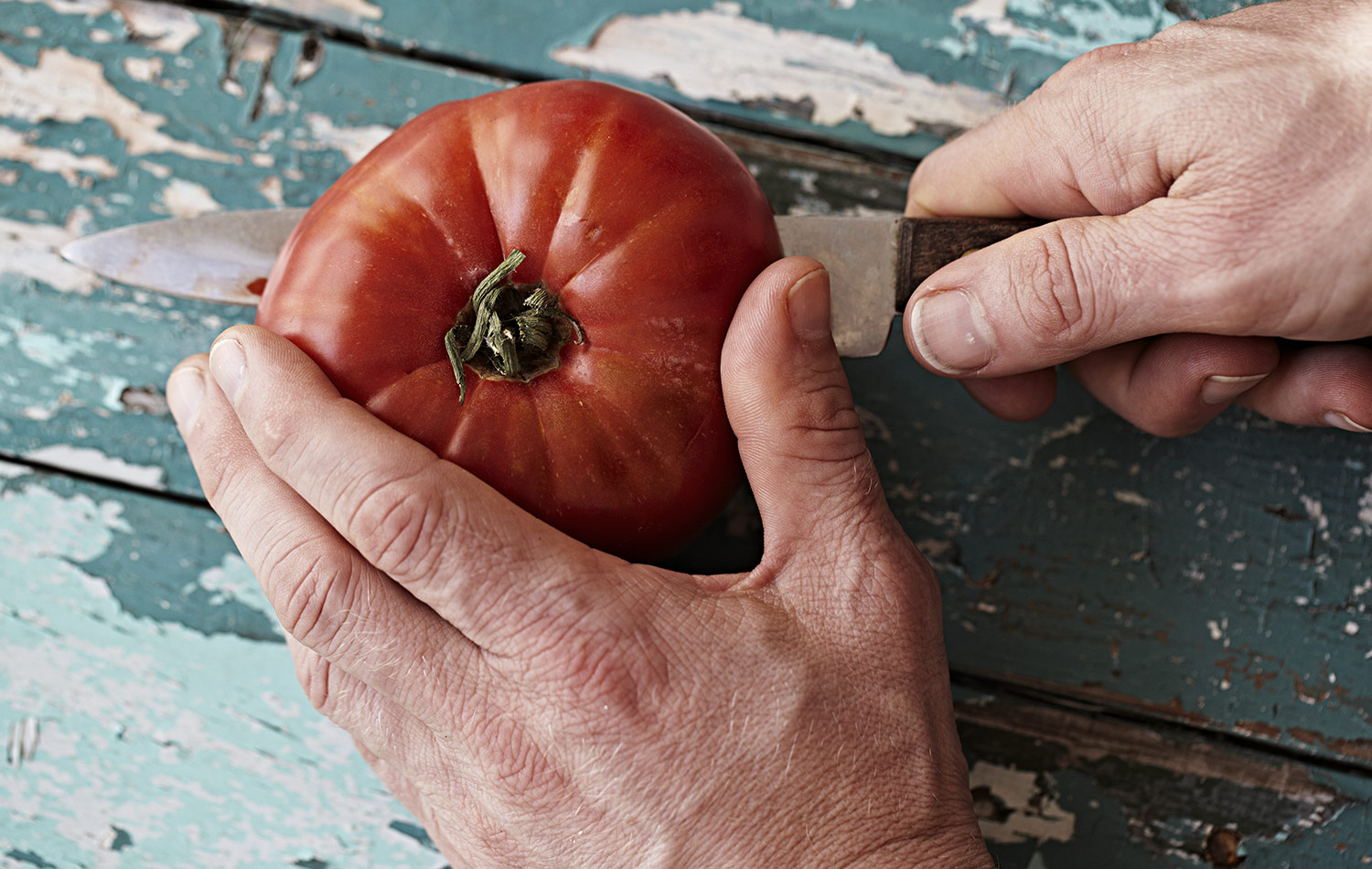 Take one amazing tomato, (the original brought over from Italy by a great grandfather around 50 years ago). Cut it in half so you can scoop out the middle section including pulp. Any tomatoe you love the flavour of will do.