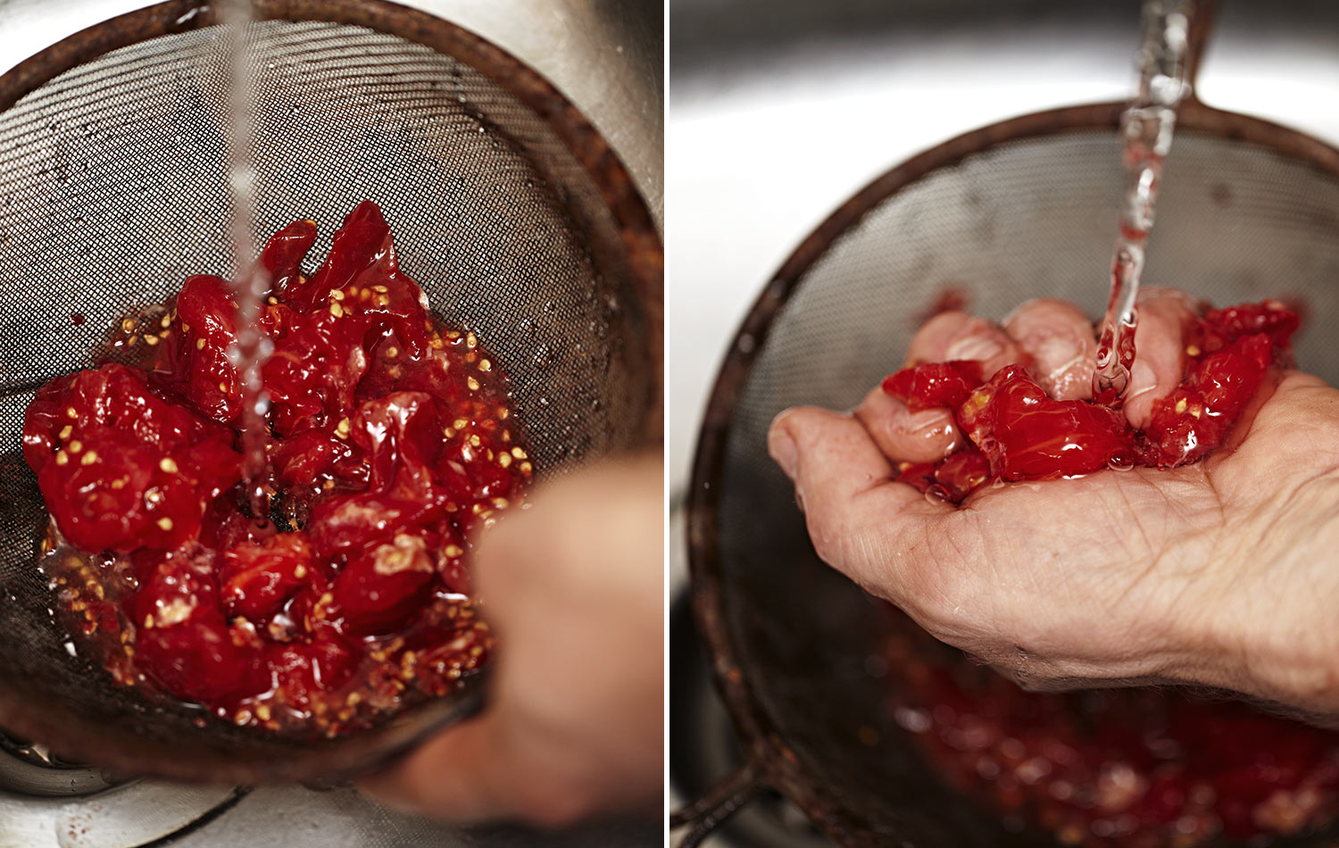Run the pulp and seeds under water and use your hands to squeeze the pulp, rub it around and break it down so it seperates completely from the seed. I just rub it against the sieve and break down the pulp by squiching it into the mesh. i also squish it in my hands. I capture all of this water in a tub so I can use it on my garden.