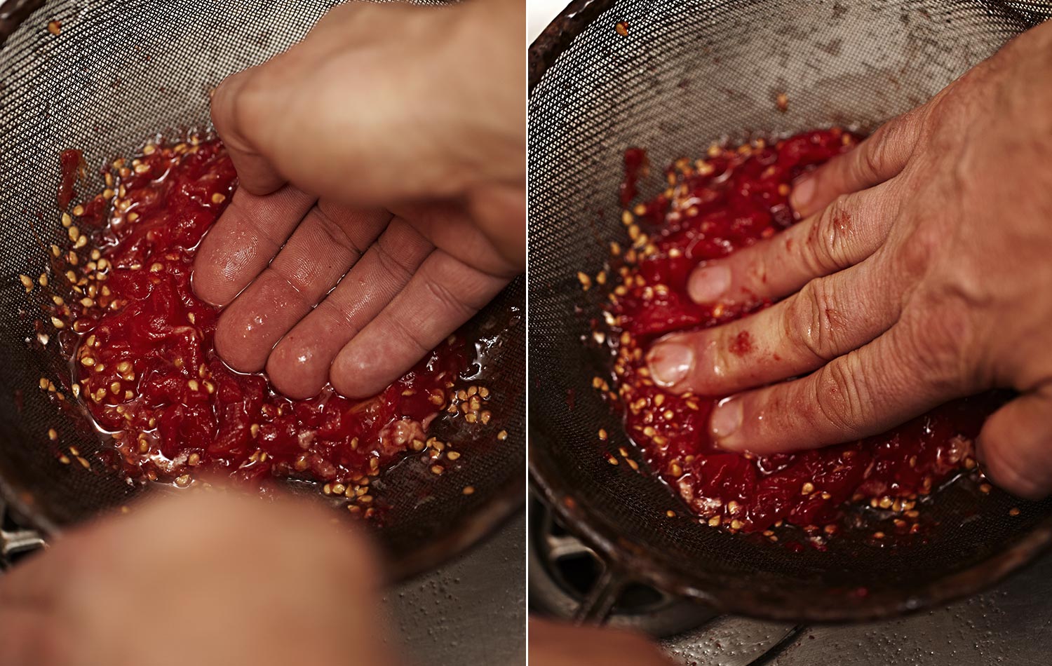 Get stuck right in and push the pulp through the sieve. It's fun. Kids will love it, they love the muckiness of it.