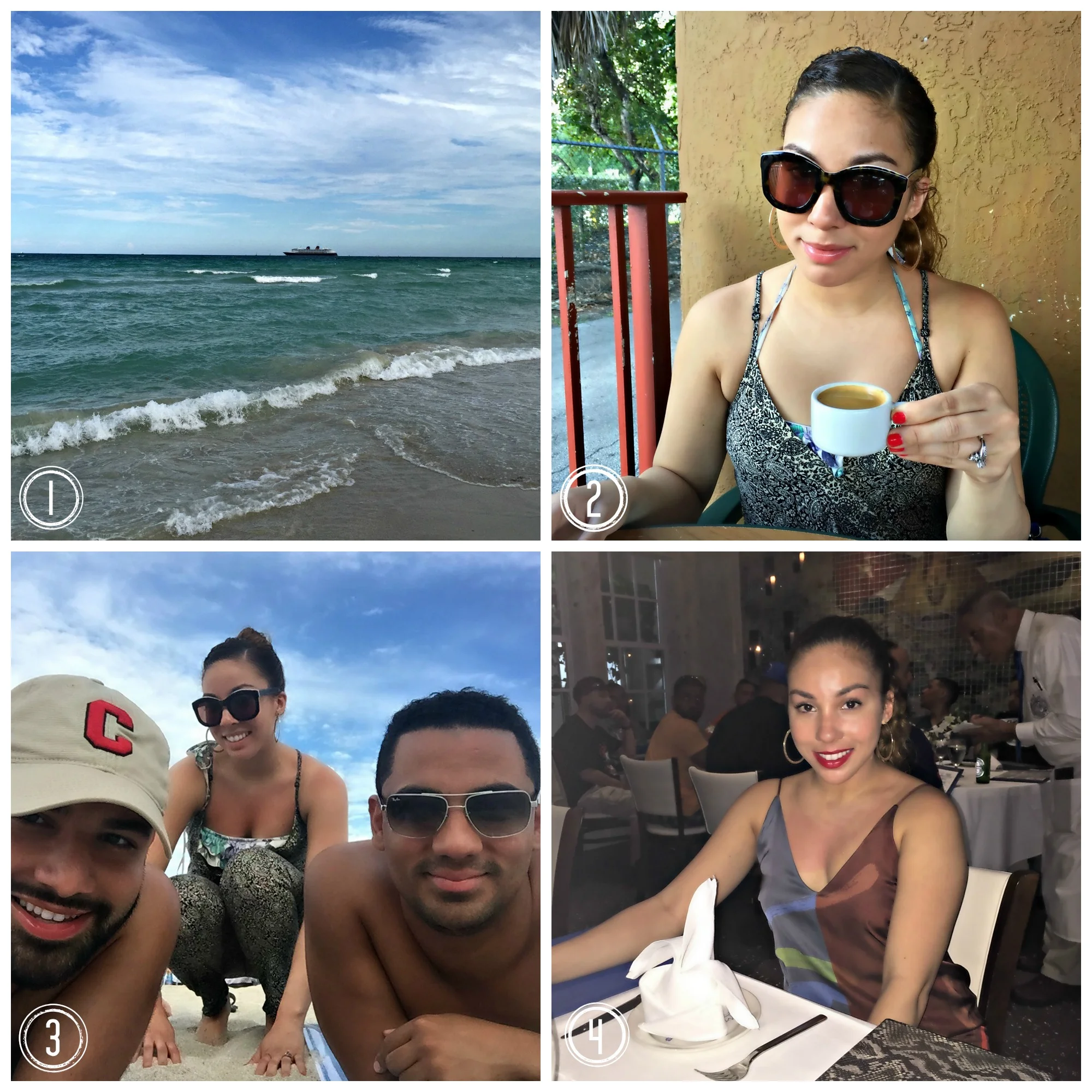 1. South Beach, Miami: The beach is one of my favorite places in the world. I feel most like myself when I'm by the ocean. 2. Drinking my morning Cafe Cubano at Sabor Latino 3. South Beach with Anthony and Juan 4. Dinner at Gloria Estefan's restaurant Larios - the Ropa Vieja is to die for!