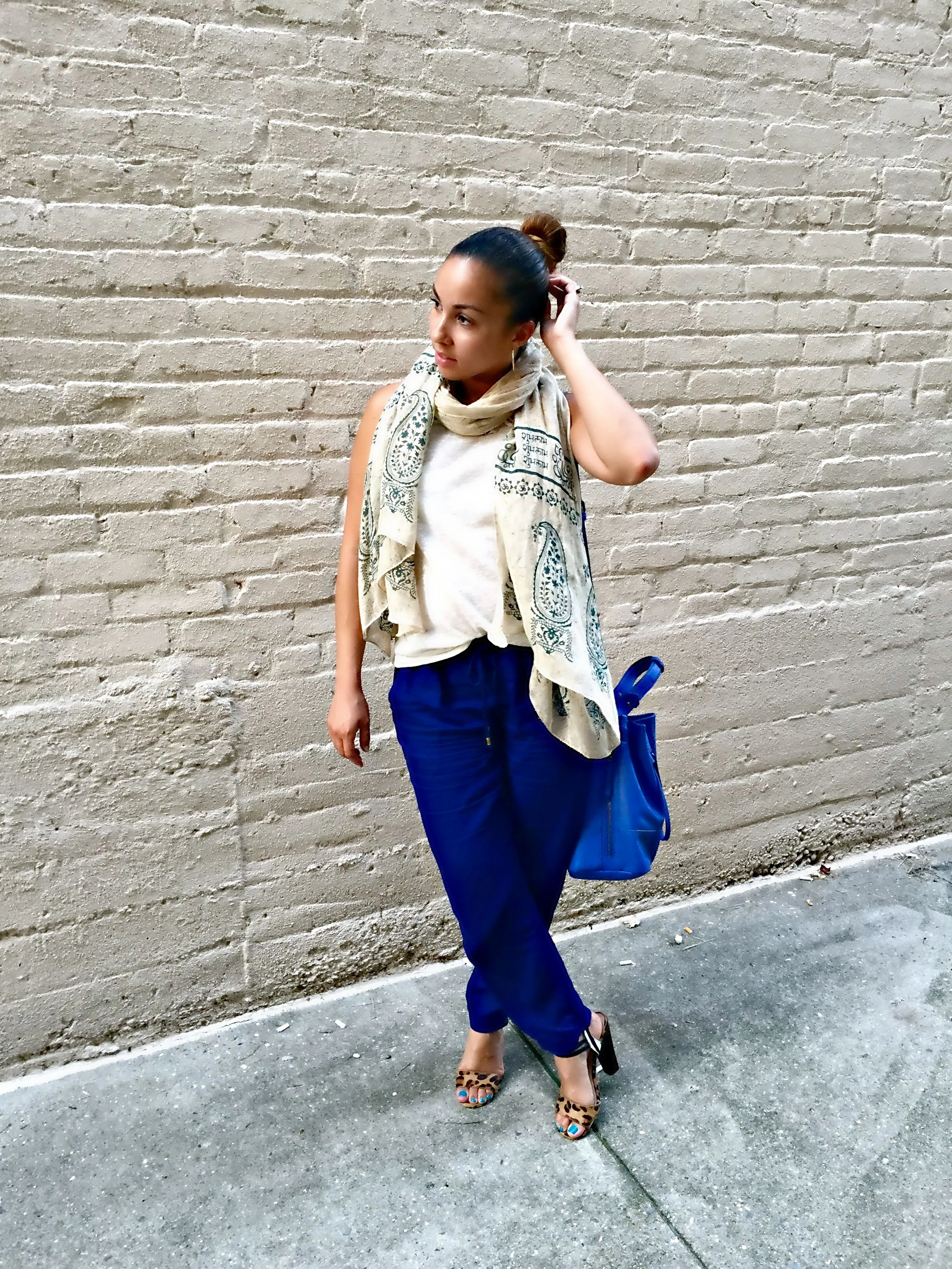 H&M Tank Top (last seen here ) | Zara Trousers (identical more colors) | Shoemint Heels (last worn here ) | Shoedazzle Purse ( similar ) | Scarf (gifted) 