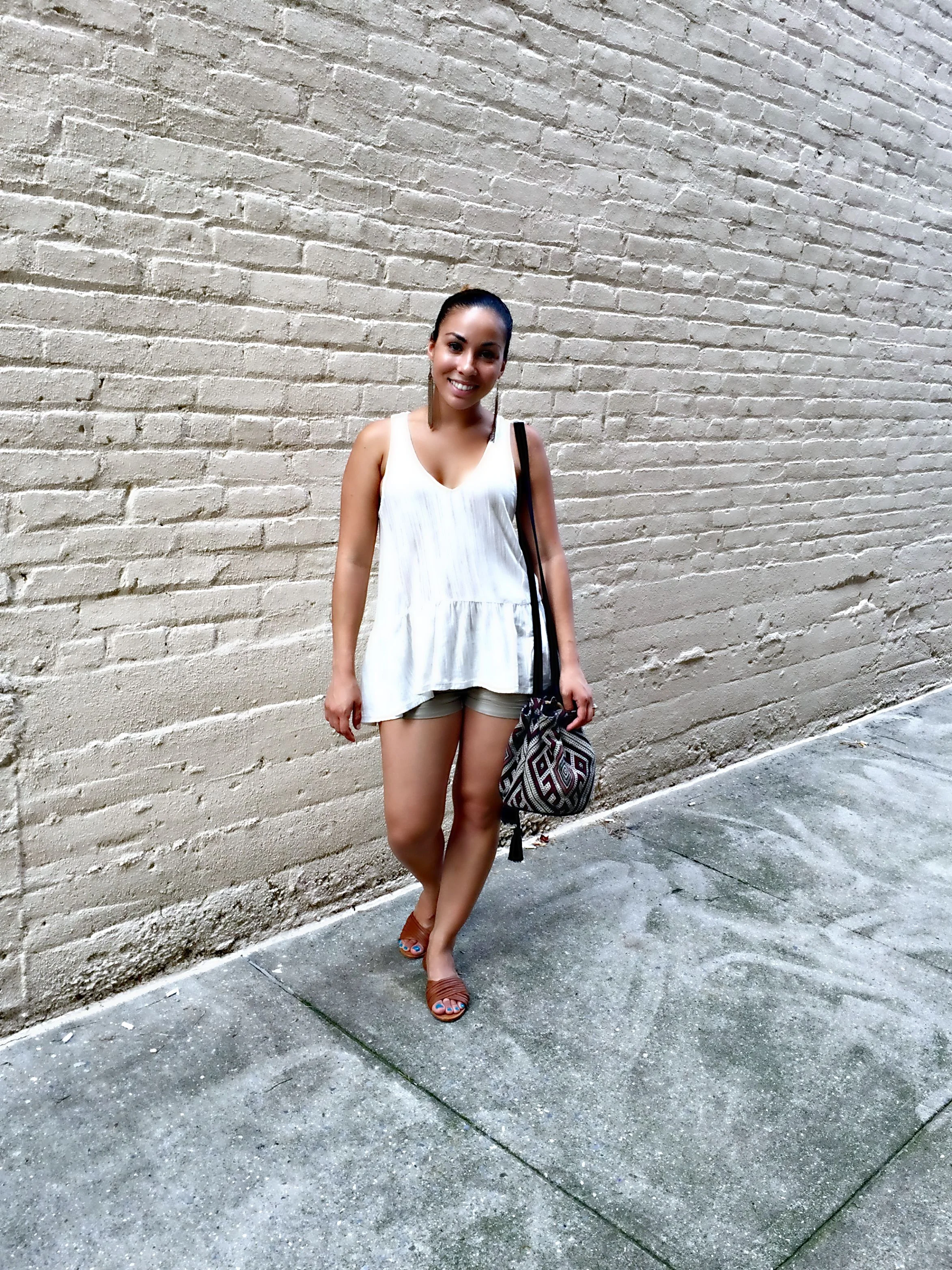 H&M Shirt | H&M Shorts | Lulus Peep Toe Flats | Forever 21 Tribal Print Bucket Bag (similar ) | Forever 21 Fringe Earrings ( different options )