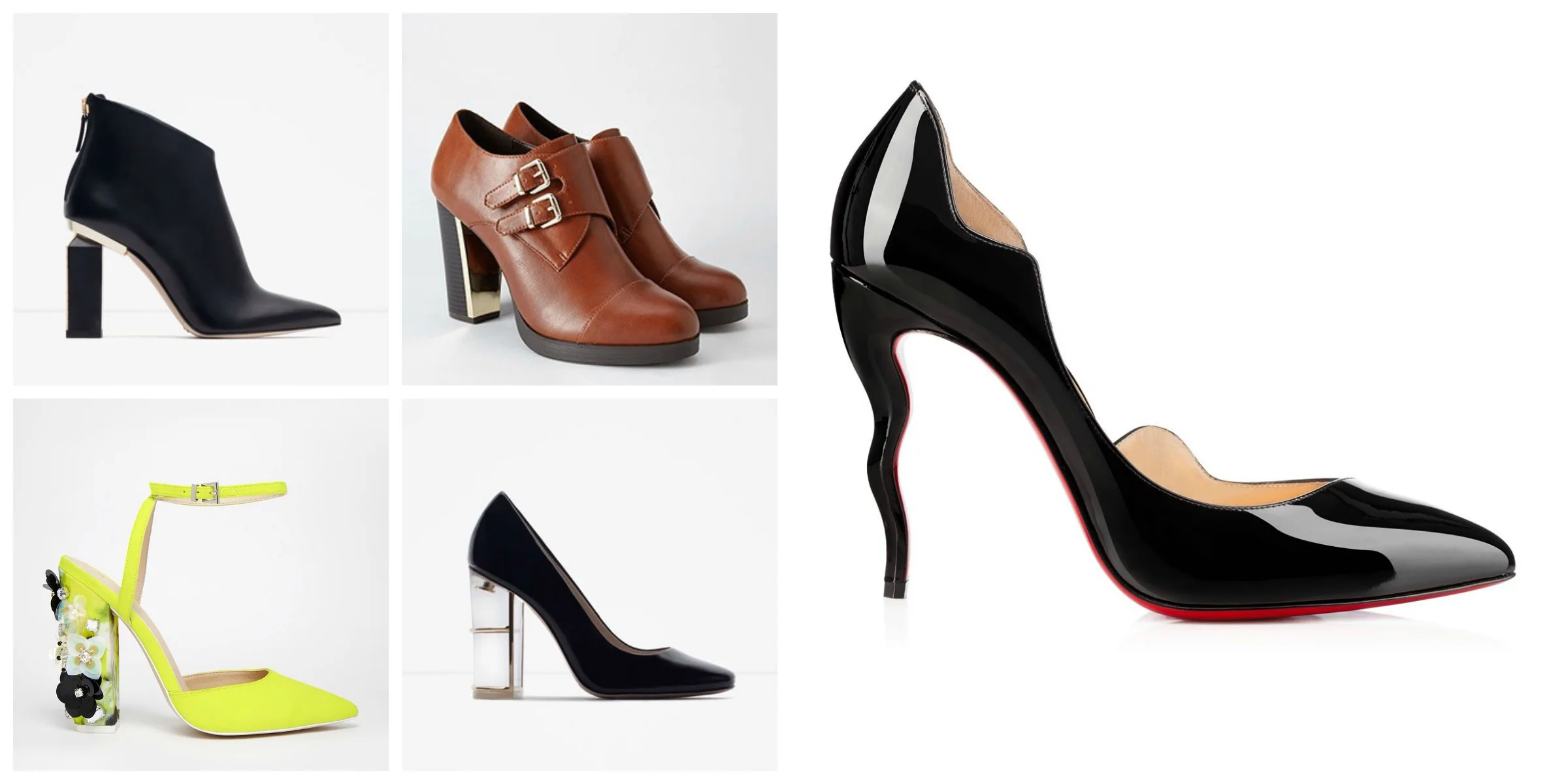 Top two : Zara Metal Heeled Boots and Forever 21 Buckled Metallic-Heel Bootie (a steal!) Bottom two : ASOS Performer Pointed High Heels and Zara Court Shoes And just for fun : Christian Louboutin Dalida Pumps