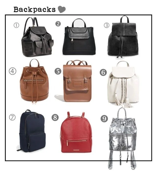 1. Black Embossed Backpack | 2. Fiorelli Candy Square Backpack | 3. Lapel Suede Backpack | 4. Faux Leather Backpack |5. Portrait Backpack |6. Moto Backpack | 7. The Modern Zip Backpack | 8. Faux Leather Convertible Backpack | 9.| Mara Backpack
