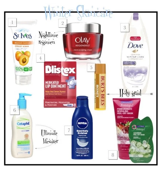 1. St. Ives Blemish Control Apricot Scrub 2. Olay Regenerist Micro-sculpting Cream 3. Dove Winter Seasonal Body Wash 5. Blistex Medicated Lip Ointment 6. Burt's Bees Honey Lip Balm 6. Cetaphil Restorader Eczema Calming Body Moisturizer 7. Nivea Essentially Enriched Body Lotion 8. Freeman Feeling Beautiful Peel Off Mask in Pomegranate and Cucumber