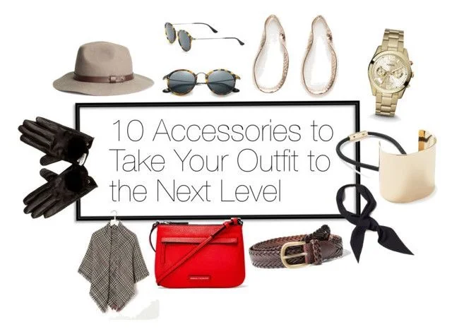 Beige Fedora | Sunglasses | Hoops | Watch | Gold-plated Hair-tie | Necktie | Woven Belt | Red Bag | Scarf | Gloves