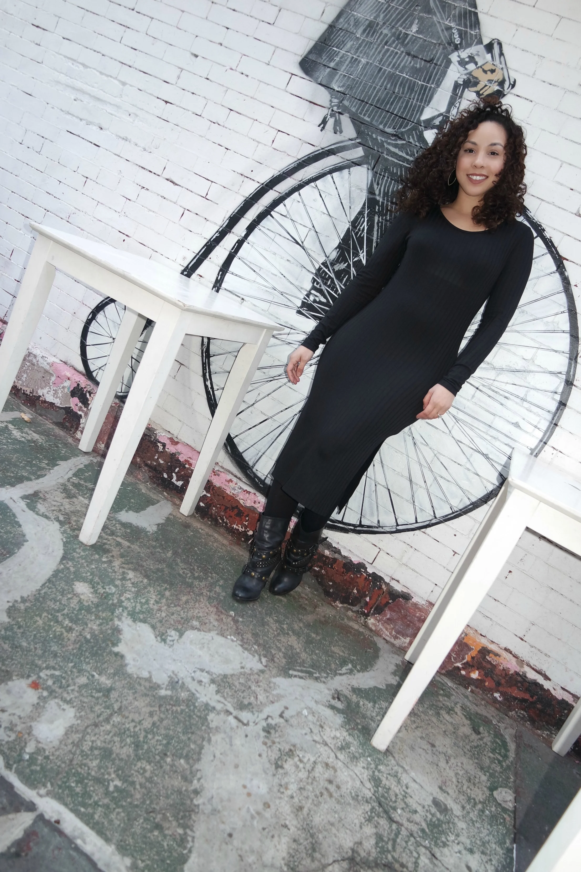 Black Ribbed Dress (similar here ) | Aldo Studded Boots (super old; similar here ) | H&M Tights | UD Lipstick in 1993