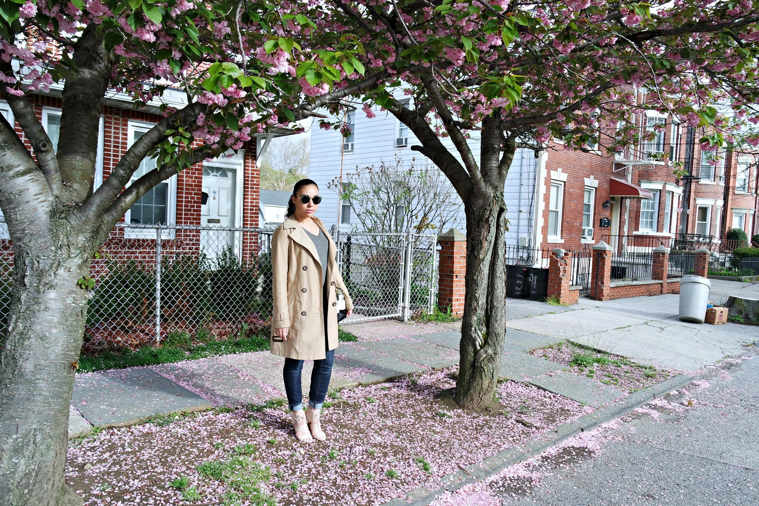New Look Belted Trench | H&M Men's Tee | Loft Modern Skinny Jeans | Sole Society Khaleesi Wedges (bought last year but are being sold here in black if you're a size 5 1/2!) | Jewelmint Hoop Earrings (super old) | Studded Faux Leather Belt | Retro Super Future Sunglasses via Ditto.com | RL Newbury Double Zip Satchel