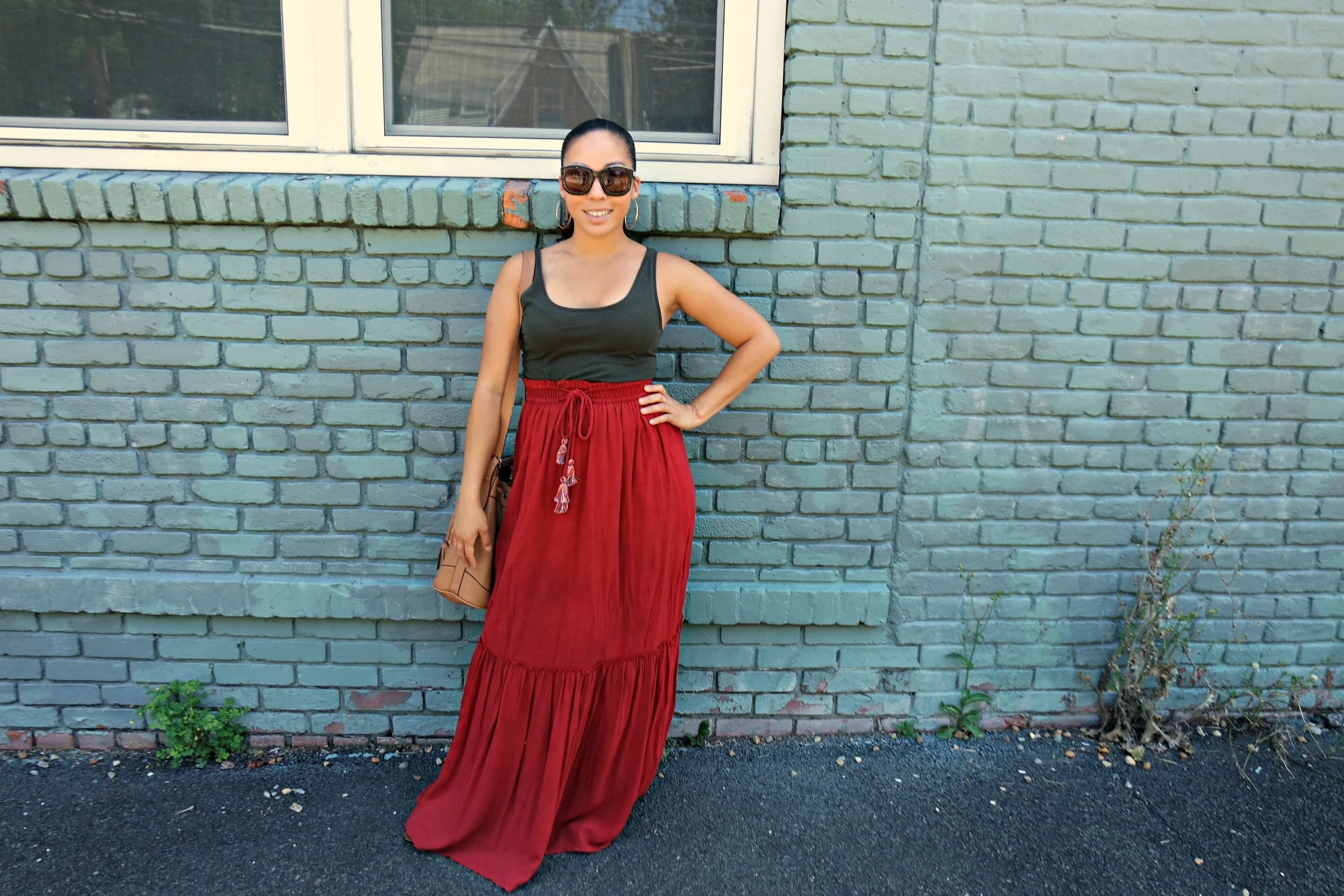 H&M Basic Tank Top | Zara Peasant Skirt (sold out) | Old Navy Bucket Bag (old; similar here for under $30) | Zara Gladiator Sandals (sold out)| Le Spec Sunglasses (old) 