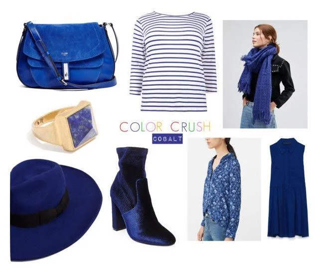 GUESS? Kingsley Cobalt Saddle Bag (on sale for an unlimited amount of time!) | Boohoo Striped Tee | Lavand Knitted Scarf (on sale!) | Madewell Sky stone Triangle Ring | Mango Wool Fedora Hat | Steve Madden Edit Ankle Booties | Mango Floral Print Shirt | Zara Shirt Dress