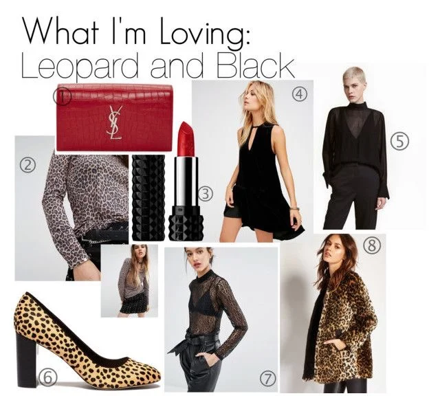 1. YSL Red Croc-Embossed-Monogram Kate Clutch | 2. Tripp NYC Leopard Printed Mesh Top 3. Kat Von D Studded Kiss Lipstick | 4. Free People Black Soft Focus Dress | 5. H&M Crepe Viscose Blouse | 6. Sole Society Leopard Block Heel Pumps | 7. Just Female Demi Bodysuit in Leopard Lace | 8. Forever 21 Leopard Print Faux Fur Jacket