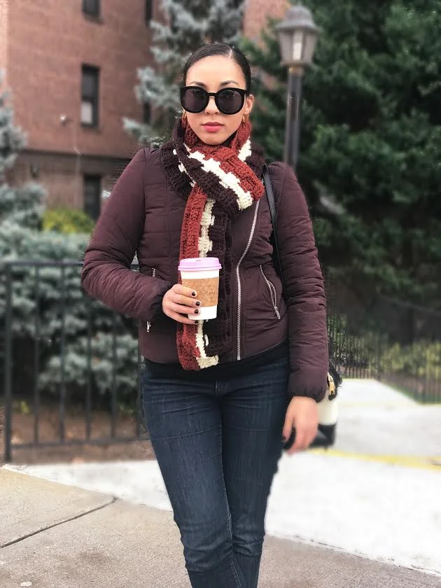 Vero Moda Puffer Coat | Home-made Crochet Scarf | Loft Jeans (old) | Zara Leather Jacket (old)| Asos Color-block Sweater (old) | Sole Society Micah Ankle Booties | Ralph Lauren Bag | Madewell Earrings 