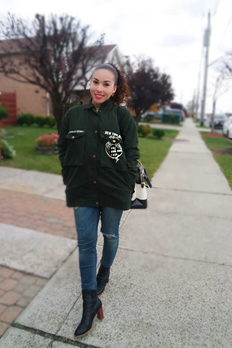 F21 NY Girl Utility Jacket ( still available in plus size !) | F21 Distressed Denim (sold old; last seen here and here) | Sole Society Booties (So obsessed!) | Madewell Earrings (bought on sale; sold out) | Ralph Lauren Bag (old; seen here ) 