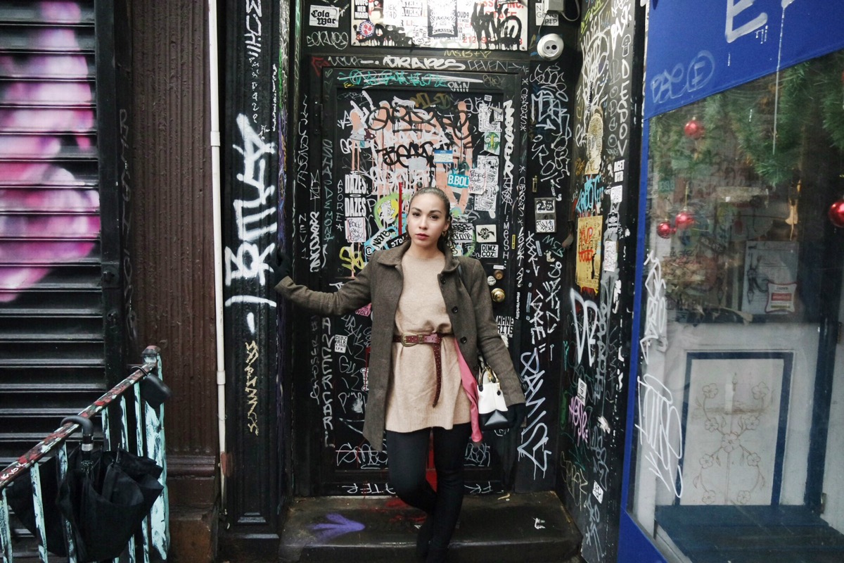 H&M Coat (old; last seen here ) | H&M Sweater Tunic ( similar here ) | ASOS Western Studded Boyfriend Belt | Zara Stirrup Leggings (old; last seen here ) | Sole Society Booties | ASOS Touch Screen Magic Gloves