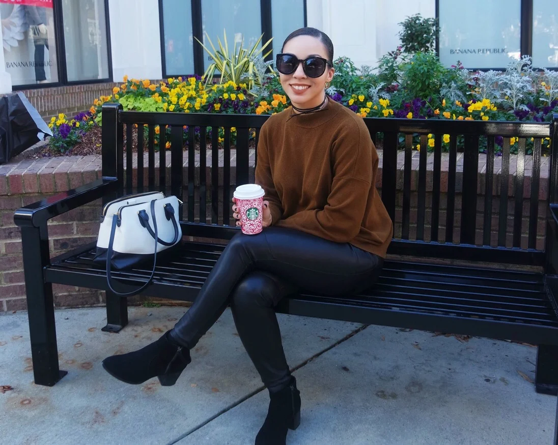Karen Walker Sunglasses | F21 Choker (sold out; similar here ) | HM Mock Turtleneck (got it on sale for $10! Similar here | Ann Taylor Faux Leather Leggings ( old; similar here ) | Sole Society Booties on sale! | Ralph Lauren Bag