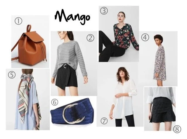 1. Front Lapel Backpack | 2. Braided Cord Sweater | 3. Floral Print Blouse | 4. Floral Print Flowy Dress | 5. Striped Scarf | 6. Velvet D Ring Belt | 7. Flowy Shirt | 8. Checked Flared Skirt