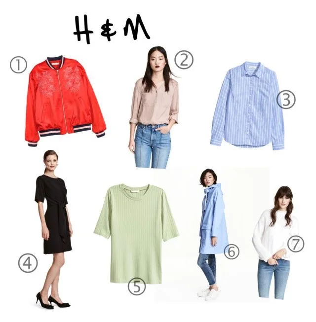 1. Embroidered Bomber | 2 . V-neck Blouse | 3. Blue Stripe Cotton Shirt | 4. Dress With Tie | 5. Ribbed Jersey Top | 6. Rain Coat with Hood | 7. Textured Knit Sweater