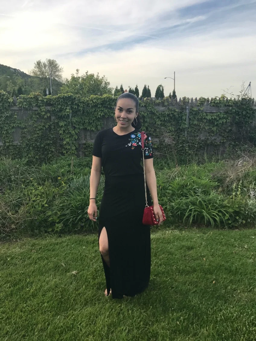 STILL LOVE YOU BLACK MAXI SKIRT | EMBROIDERED FLORAL TOP (ZARA; SOLD OUT) | BRAIDED CROSSBODY BAG WITH STUDS | EMBOSSED HOOP EARRINGS