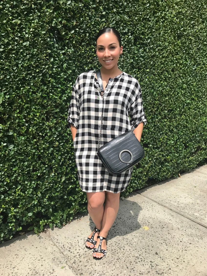 WAREHOUSE GINGHAM POPPER DRESS | ZARA PEARL AND STUD SANDALS (SOLD OUT) | ZARA SNAKE CROSS-BODY BAG (OLD) | AMERICAN EAGLE HOOP EARRINGS | RIMMEL LONDON LASTING FINISH LIPSTICK IN BOHO NUDE