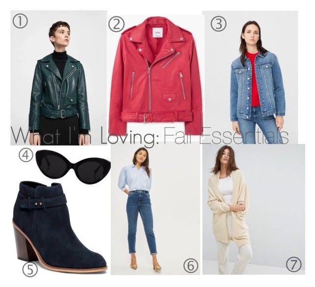 LEATHER BIKER JACKET IN DARK GREEN AND RED | MEDIUM WASH DENIM JACKET | BLACK SUNGLASSES | INK NAVY HELLED ANKLE BOOTIES | MOTO DARK BLUE MOM JEANS | OVERSIZED BELL SLEEVE CARDIGAN
