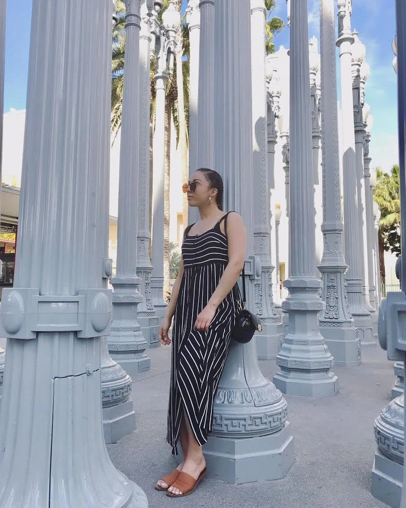 F21 Midi Striped Dress (sold out) | Steve Madden Slides via TJMaxx ( similar here) | F21 Brow Bone Sunglasses ( similar here ) | Crossbody Belt Bag with Lion Detail (almost identical here for cheaper)